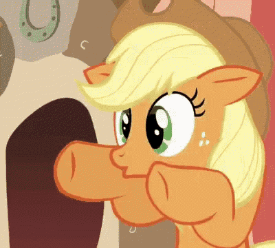 a close up of a cartoon pony with a horseshoe on the wall behind her