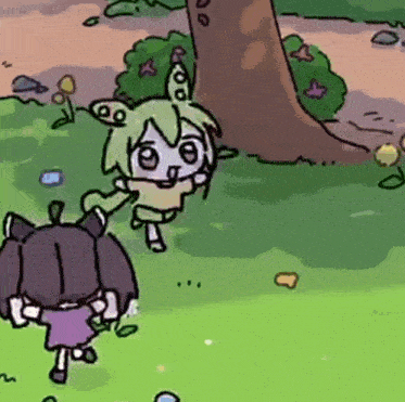 a cartoon of a girl standing next to a tree with a butterfly on her head .