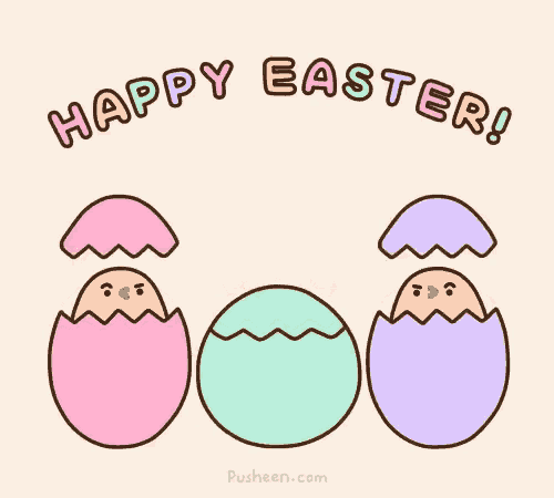 a cartoon of three easter eggs with the words `` happy easter ! ''