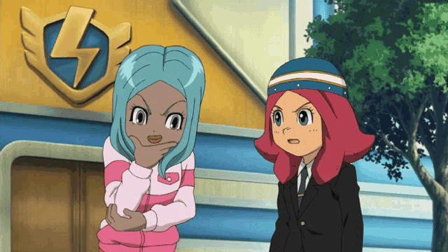 two anime characters standing in front of a building with a lightning bolt