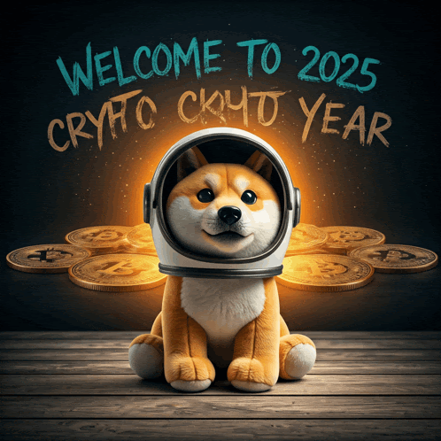 a stuffed dog wearing an astronaut 's helmet is sitting in front of a sign that says welcome to 2025 crypto ckyto year