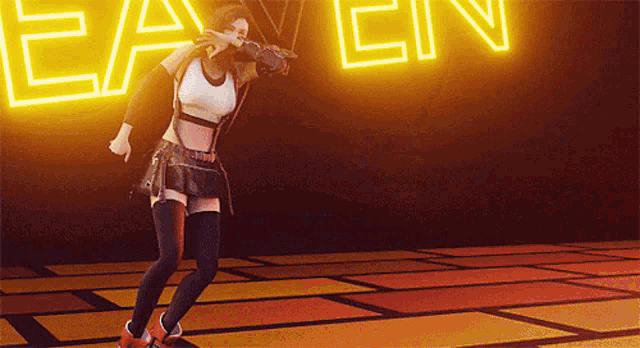 a girl is dancing in front of a neon sign that says raven