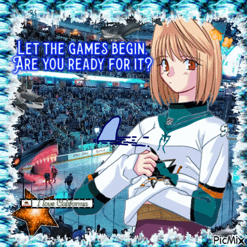 a picture of a girl in a hockey uniform with the words let the games begin are you ready for it behind her