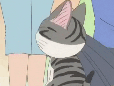 a cartoon cat is standing next to a person 's legs and looking at the camera .