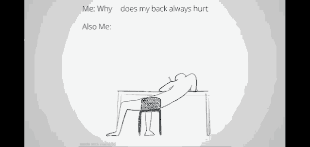 a drawing of a person laying on a chair at a table with a caption about why does my back always hurt .