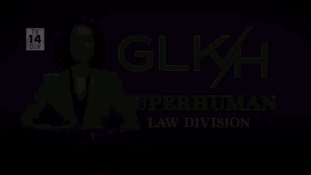 a woman in a suit stands in front of a sign that says glk superhuman law division