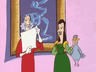 a cartoon of a man holding a piece of paper and a woman holding a bird in front of a painting .