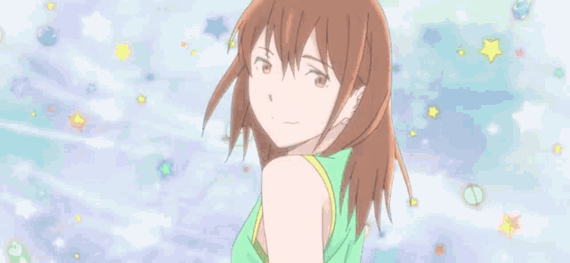 a girl in a green tank top stands in front of a starry sky