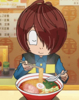 a cartoon character with red hair is eating ramen with chopsticks