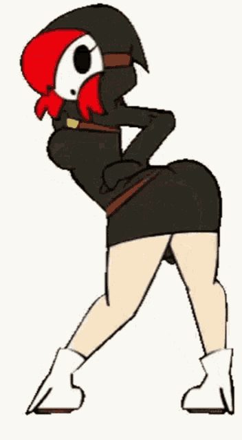 a cartoon of a woman wearing a black dress and a red headband .