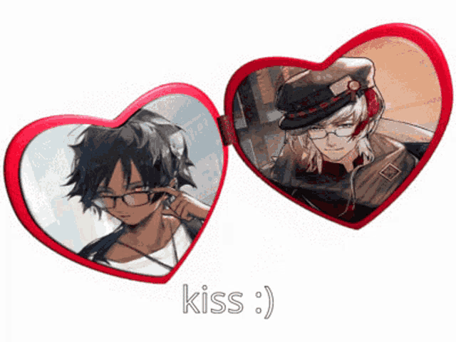 two red heart shaped mirrors with a picture of a man in a hat and glasses