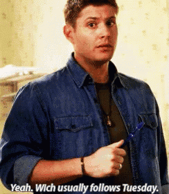 a man in a denim shirt is giving a thumbs up and says yeah wich usually follows tuesday