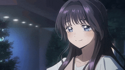 a girl with purple hair and blue eyes looks at the camera