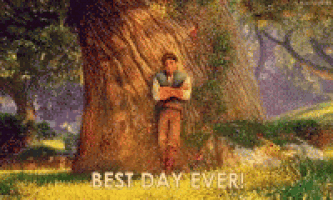 a man leaning against a tree in a field with the words `` best day ever '' written below him .