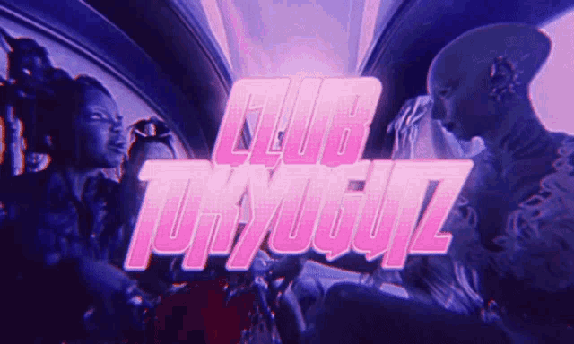 a group of people are gathered in a room with the words club toyogunz written in pink
