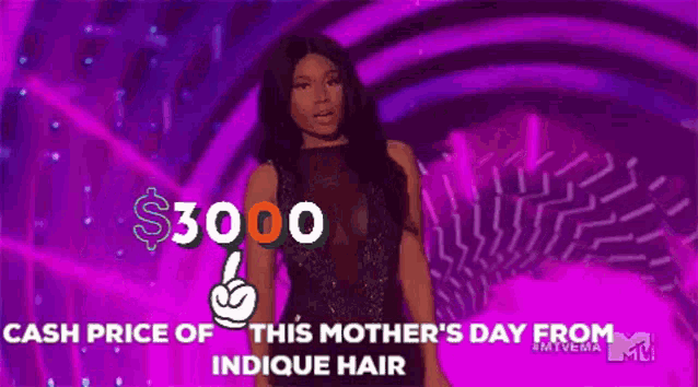 a woman in a black dress is dancing on a stage with the words cash price of this mother 's day from indicque hair behind her
