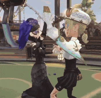 a man and a woman are dancing in a video game on a court .