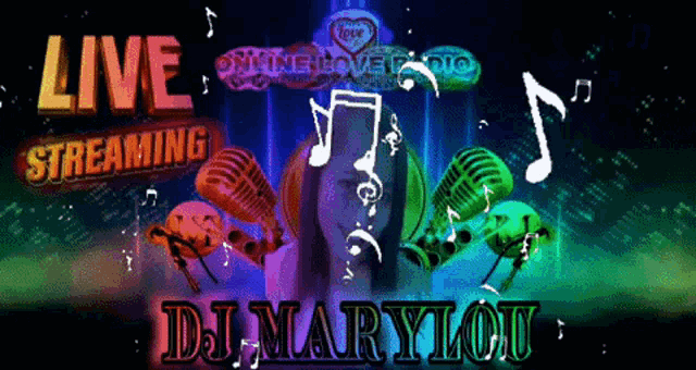 a poster for dj marylou shows a woman surrounded by microphones and music notes