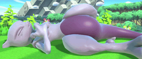 a purple and white cartoon character is laying down on the grass