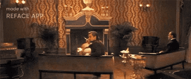 a man smoking a cigarette in front of a fireplace in a room made with reface app