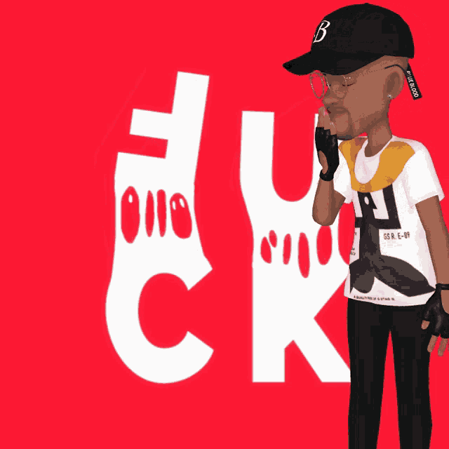 a man wearing a black hat with the letter b on it is standing in front of a red background