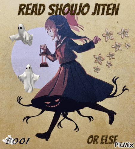 a picture of a girl with ghosts and the words read shoujo jiten