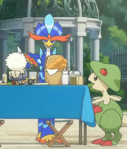 a cartoon of a frog and a bird sitting at a table with a blue table cloth