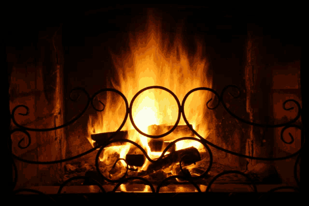 a fireplace with a wrought iron fence and a fire burning