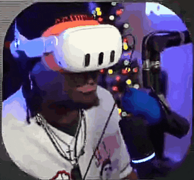 a man wearing a virtual reality headset looks at something in front of a christmas tree