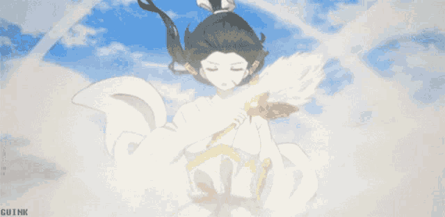 a girl in a white dress is holding a wand and a sword