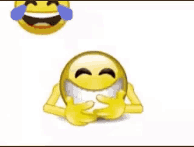 a smiley face is laughing and crying while another smiley face is pointing at it .