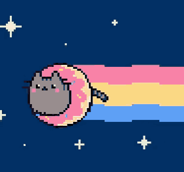 a pixel art of a cat in a donut with a rainbow behind it
