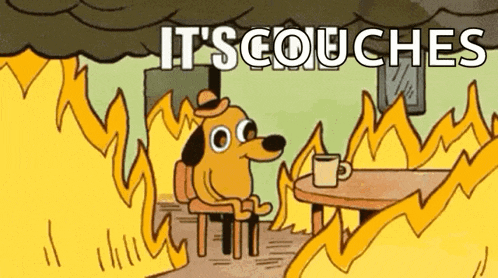 a cartoon dog is sitting at a table with a cup of coffee in front of a burning house .