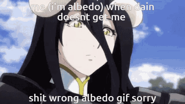 a picture of albedo from overlord with the caption shit wrong albedo gif sorry .
