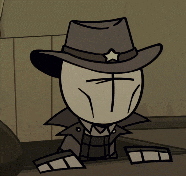 a cartoon character wearing a cowboy hat with a star on top