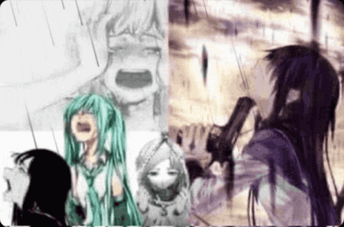 a group of anime girls are standing next to each other holding guns .