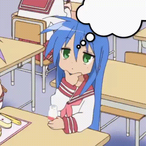 a girl with blue hair and green eyes is sitting at a desk with a thought bubble above her head .