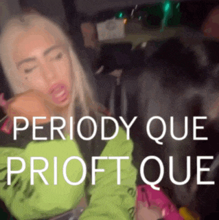 a woman in a neon green jacket with the words " periody que prioft que "