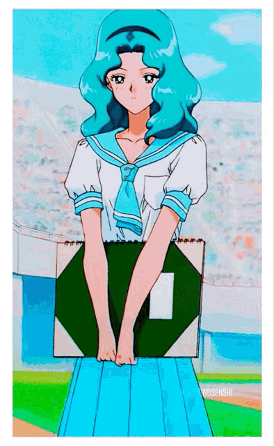 a girl with blue hair is holding a sign that says ' nishinishi ' on it