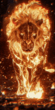 a lion that is covered in flames walking
