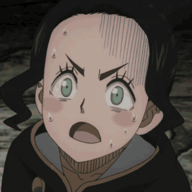 a cartoon character with black hair and green eyes looks surprised
