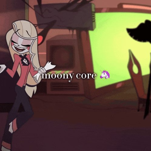 a cartoon character is standing in front of a green screen with the words moony core below her