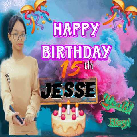 a girl is holding a pen in front of a sign that says happy birthday jesse 15th