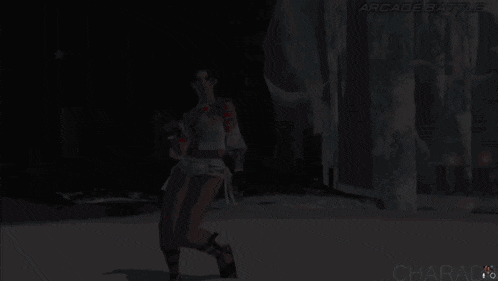 a woman is dancing in a video game with the words arcade battle on the bottom
