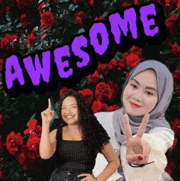 a woman giving a peace sign in front of a banner that says awesome