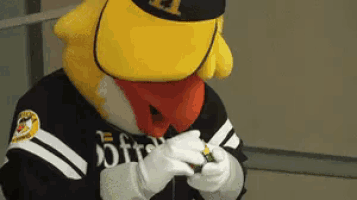 a mascot wearing a black and white jersey with the number 1 on the front