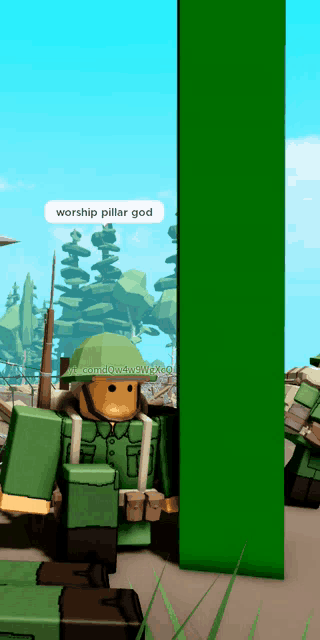 a cartoon soldier says worship pillar god on a screen