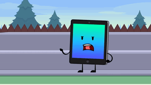 a cartoon drawing of a tablet with a face and arms and legs