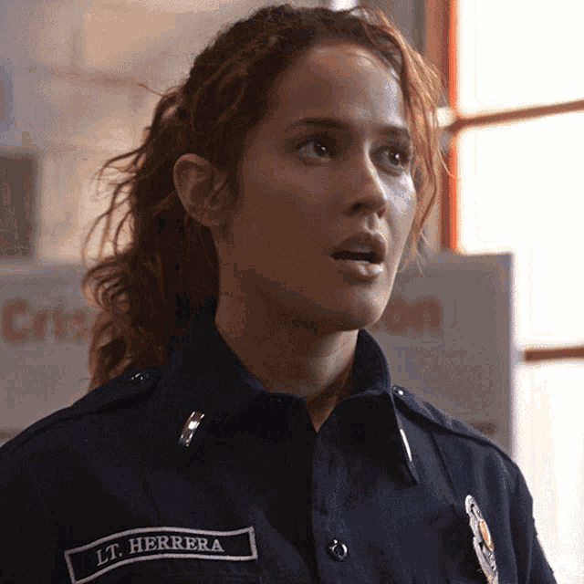 a woman in a police uniform has the name herrera on her shoulder