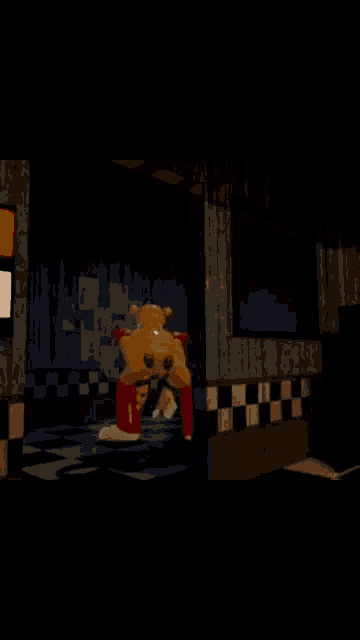 a teddy bear is sitting on the floor in a dark room .